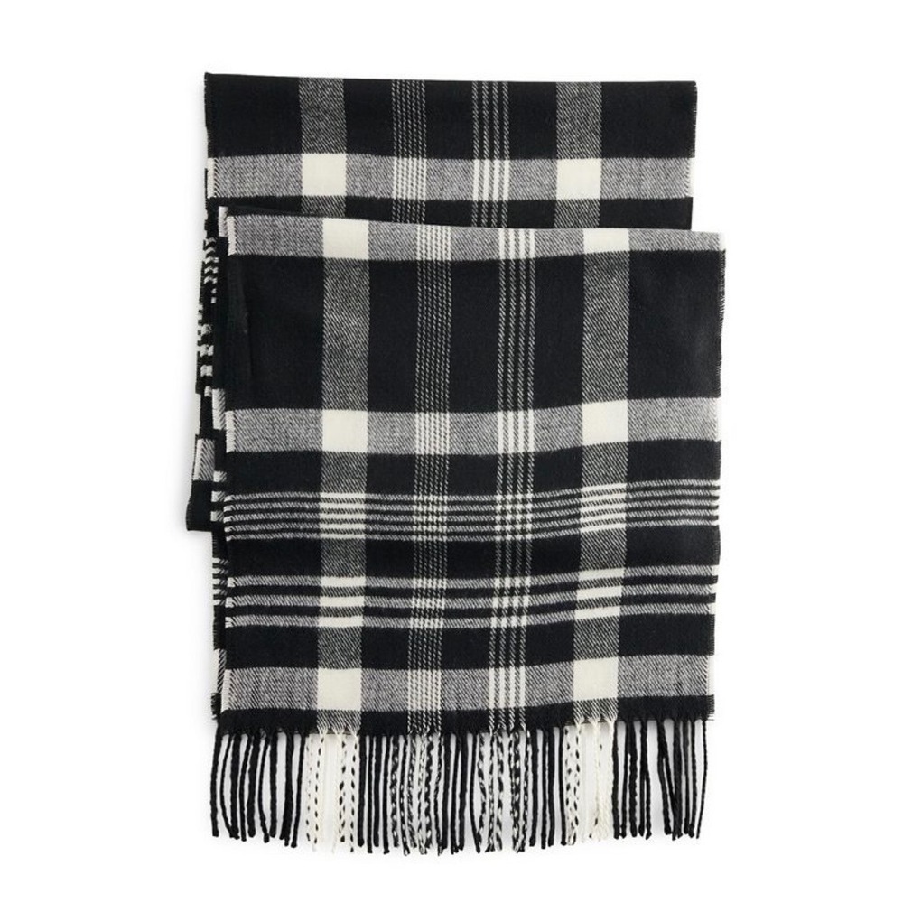 D&Y Women Black White Plaid Scarf OS Acrylic Softer Than Cashmere Fringe New